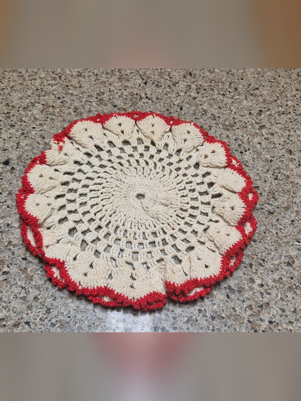 Vintage Handmade Crocheted Doilies Lot of 4 Cream Red Christmas Decor Set Round